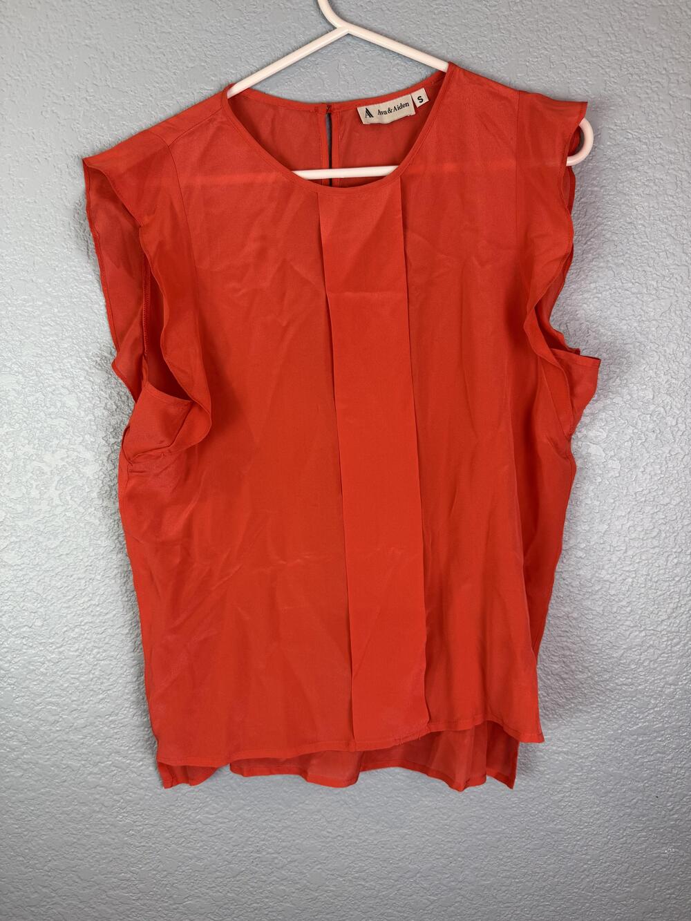 Ava & Aiden Blouse Womens Small Orange 100% Silk Sleeveless Pleated Top USA